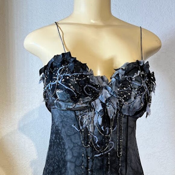 JOVANI $320- SILK, Beaded/Sequin, Spaghetti-strapped, Rough-edged Top - Picture 2 of 10